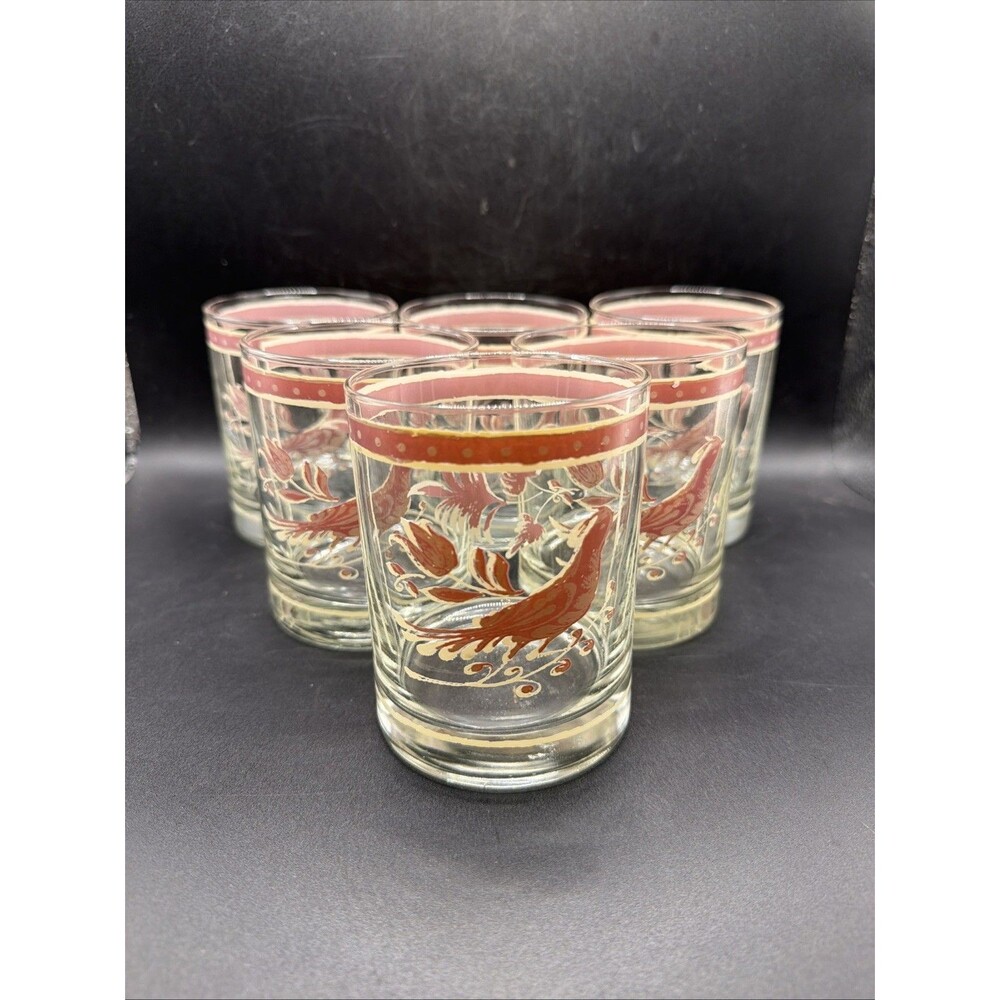 Vintage ~ George Briard ~ Old Fashioned Glasses Bird Quail Pink & Cream Set Of 7